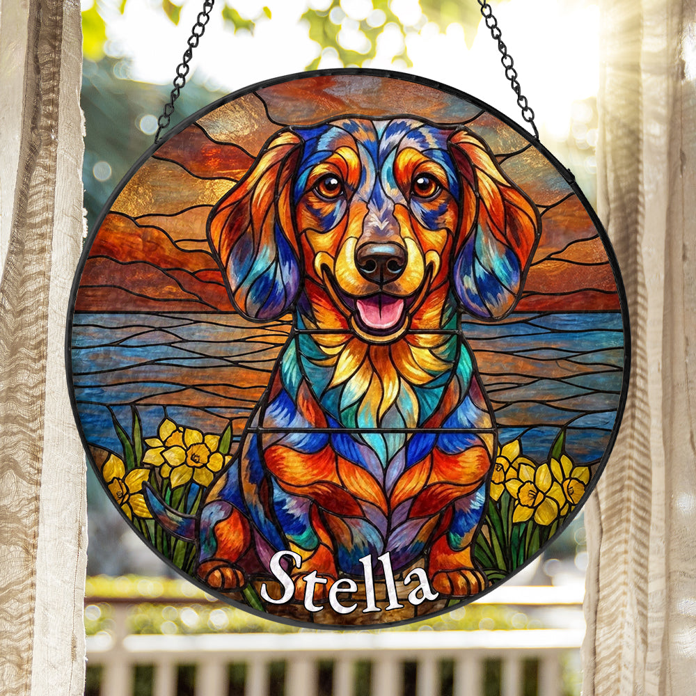 Personalized Dachshund & Daffodil Stained Glass Ornament