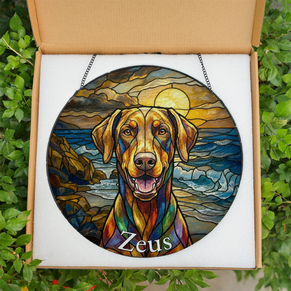 Personalized Dog At The Beach Stained Glass Ornament