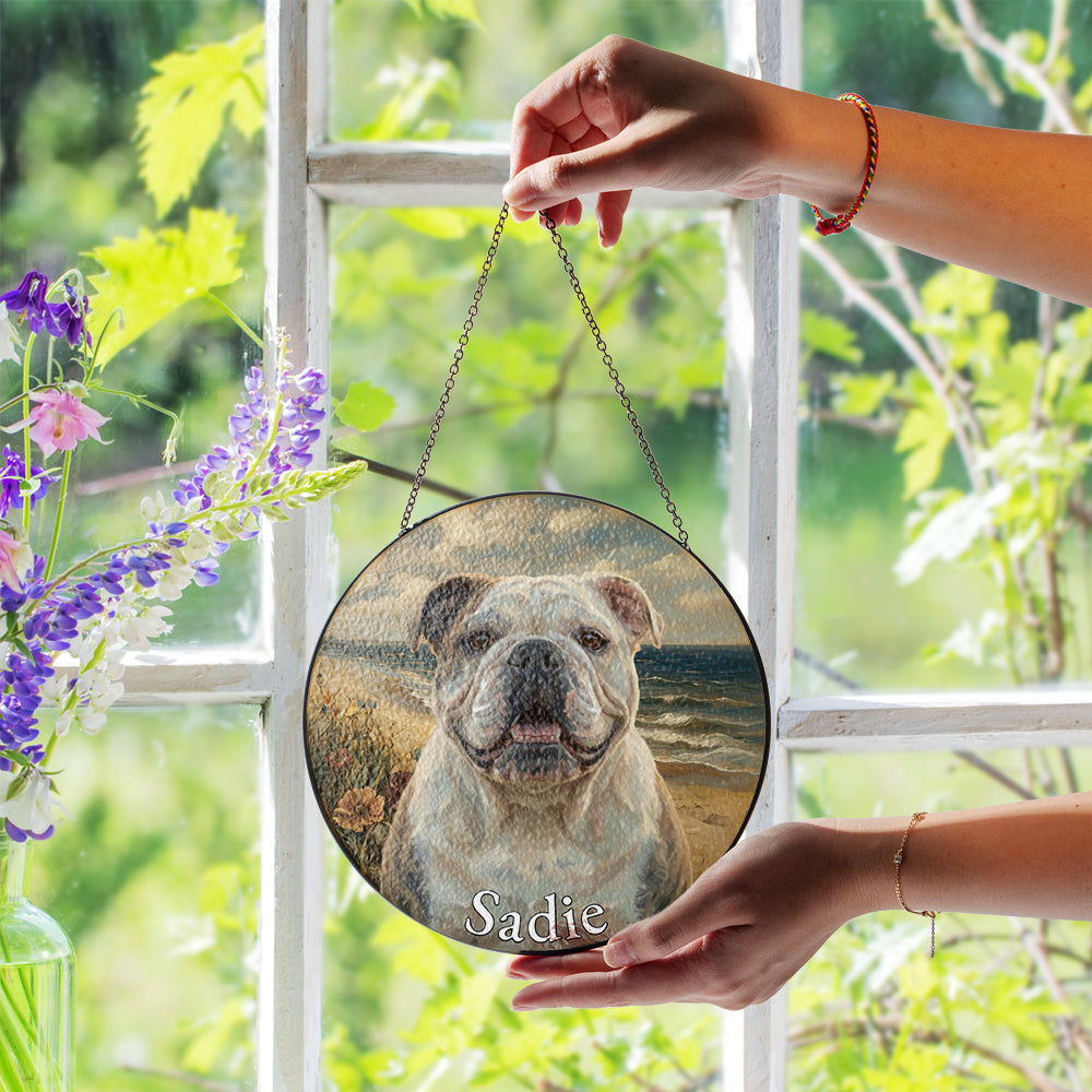 Personalized Bulldog At The Beach Stained Glass Ornament