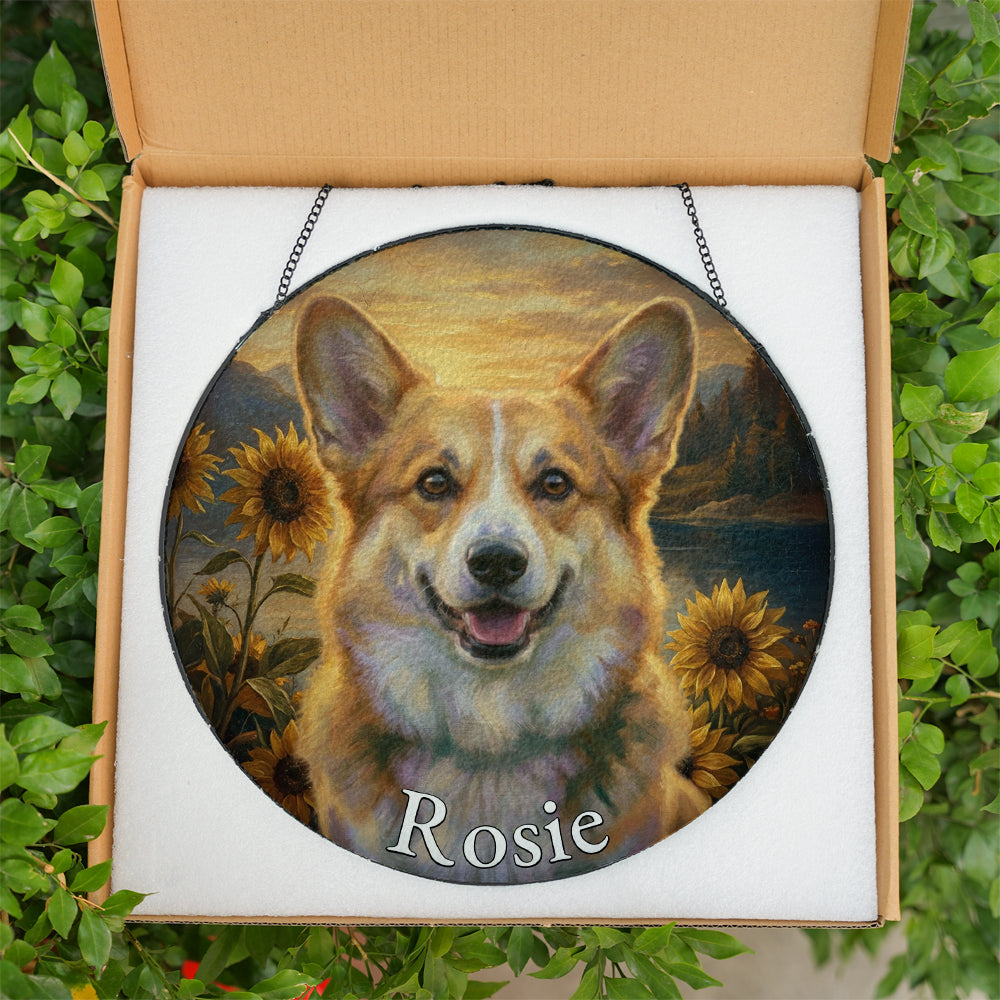 Personalized Corgi & Sunflowers Stained Glass Ornament