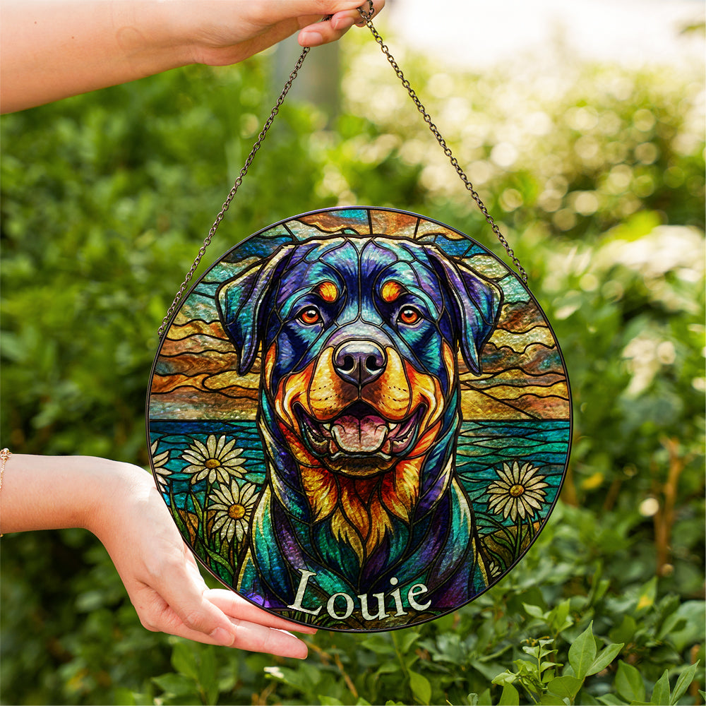 Personalized Rottweiler & Daisy Stained Glass Ornament
