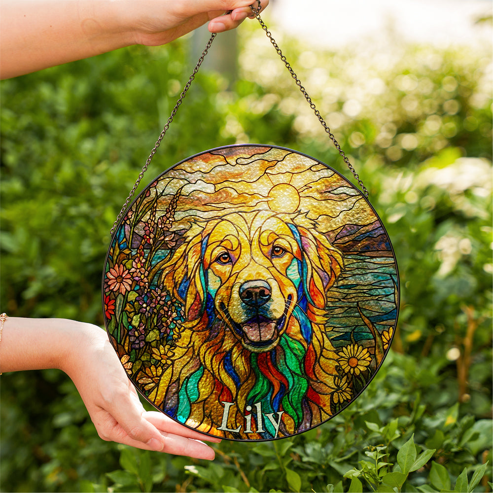 Personalized Dog And Flowers Stained Glass Ornament