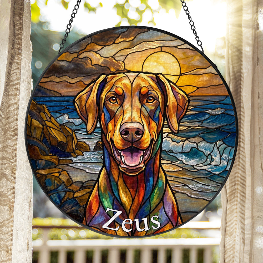Personalized Dog At The Beach Stained Glass Ornament