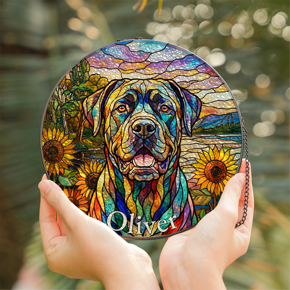 Personalized Dog & Sunflower Stained Glass Ornament