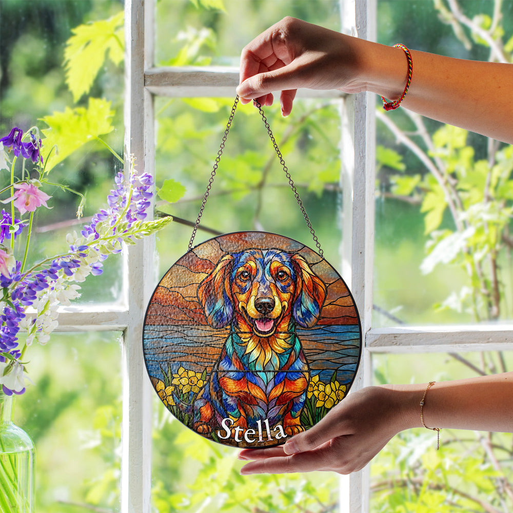 Personalized Dachshund & Daffodil Stained Glass Ornament