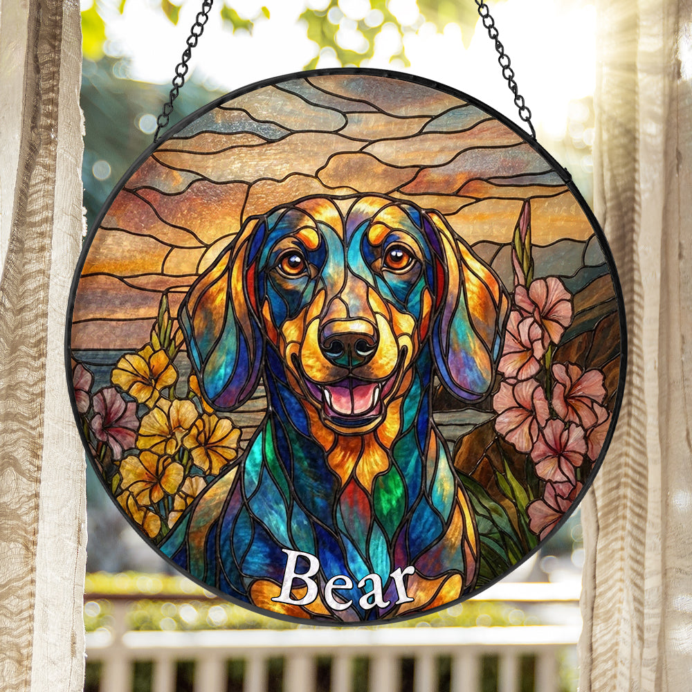 Personalized Dachshund & Flowers Stained Glass Ornament