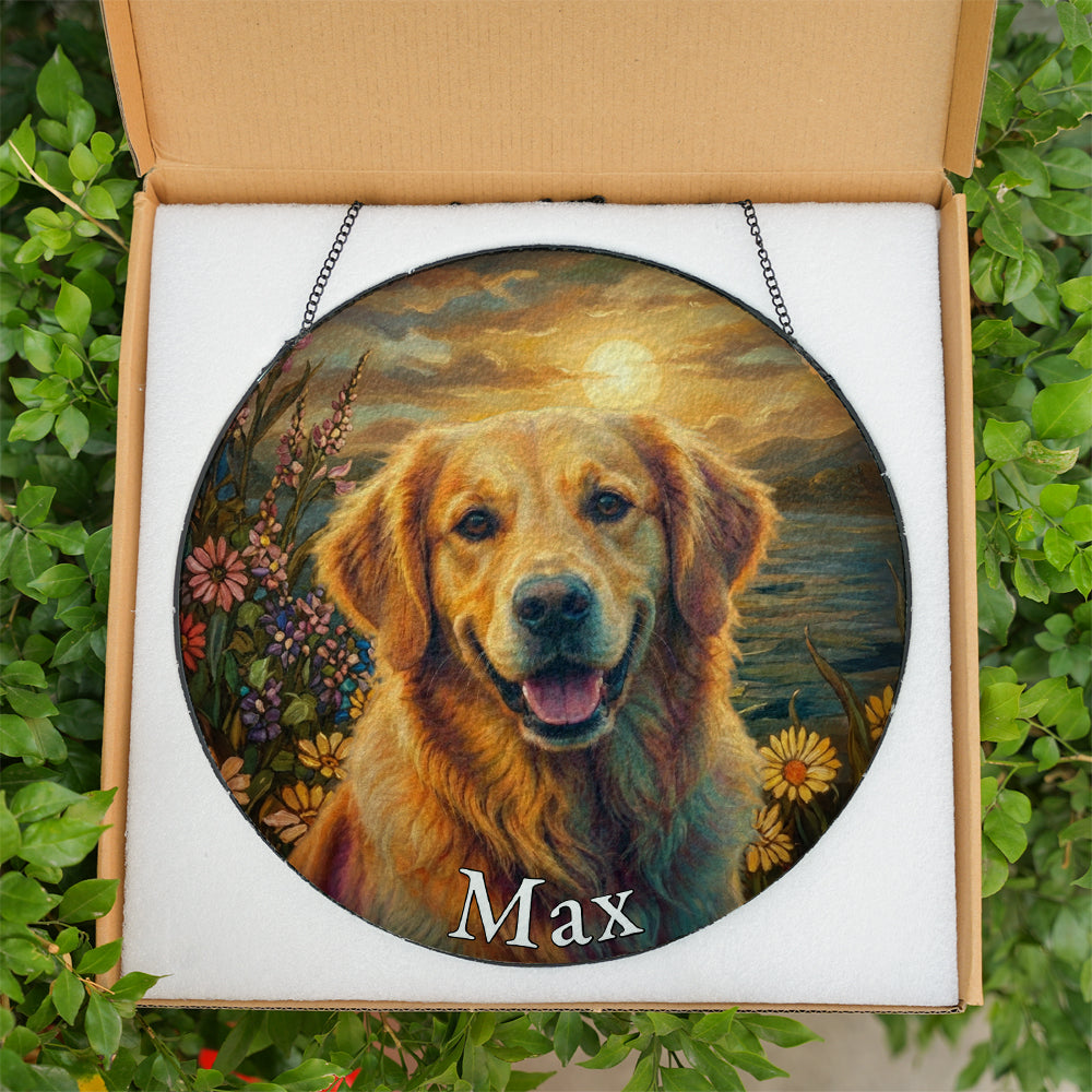 Personalized Floral Golden Retriever Stained Glass Ornament