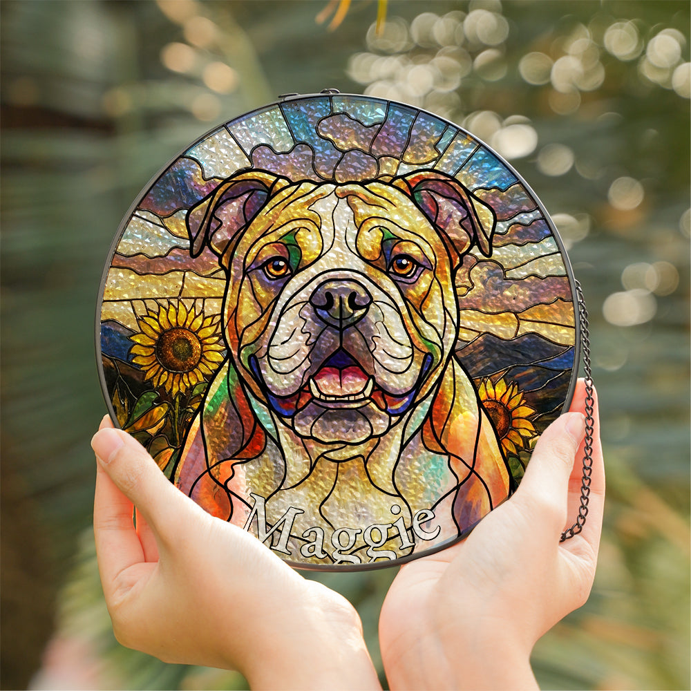 Personalized Bulldog And Sunflower Stained Glass Ornament
