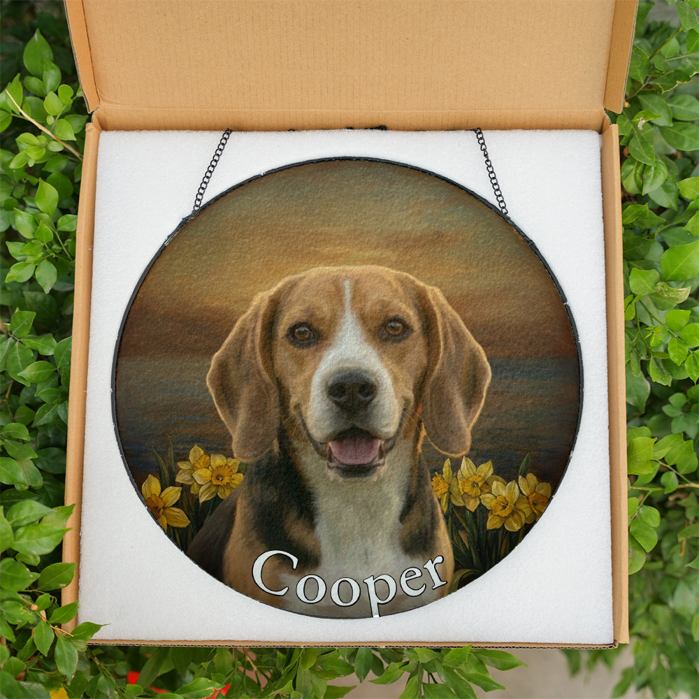 Personalized Beagle & Daffodil Stained Glass Ornament