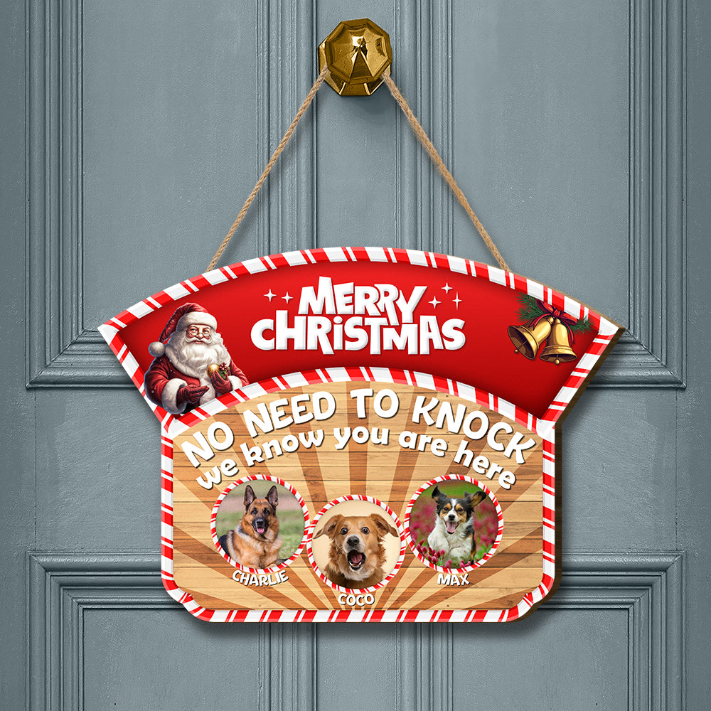 Personalized Christmas Pet Door Sign – “No Need to Knock, We Know You Are Here” – Cat or Dog Wooden Sign - Upload Photo