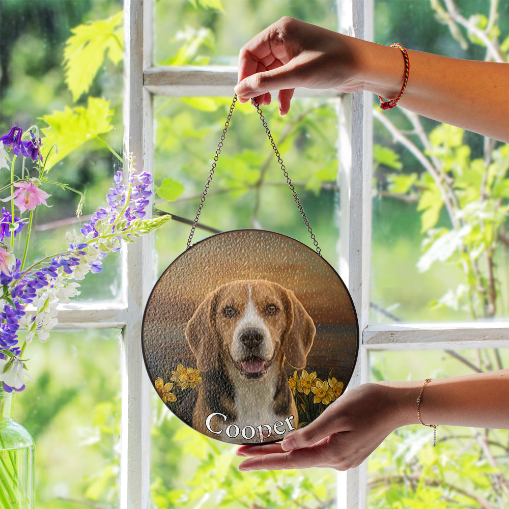 Personalized Beagle & Daffodil Stained Glass Ornament