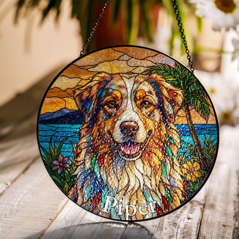 Personalized Beach Dog Stained Glass Ornament