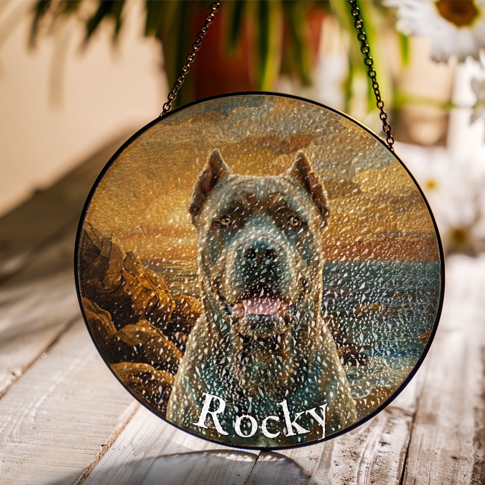 Personalized Pet Portrait Sunset Stained Glass Ornament