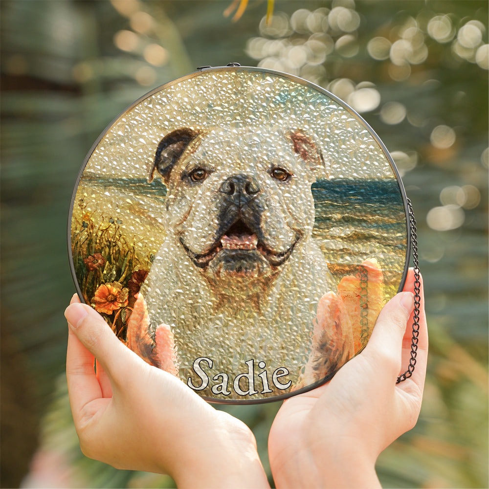 Personalized Bulldog At The Beach Stained Glass Ornament