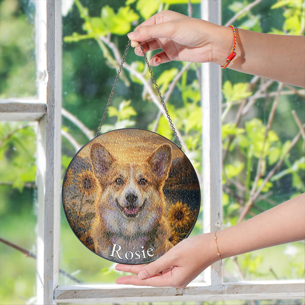 Personalized Corgi & Sunflowers Stained Glass Ornament