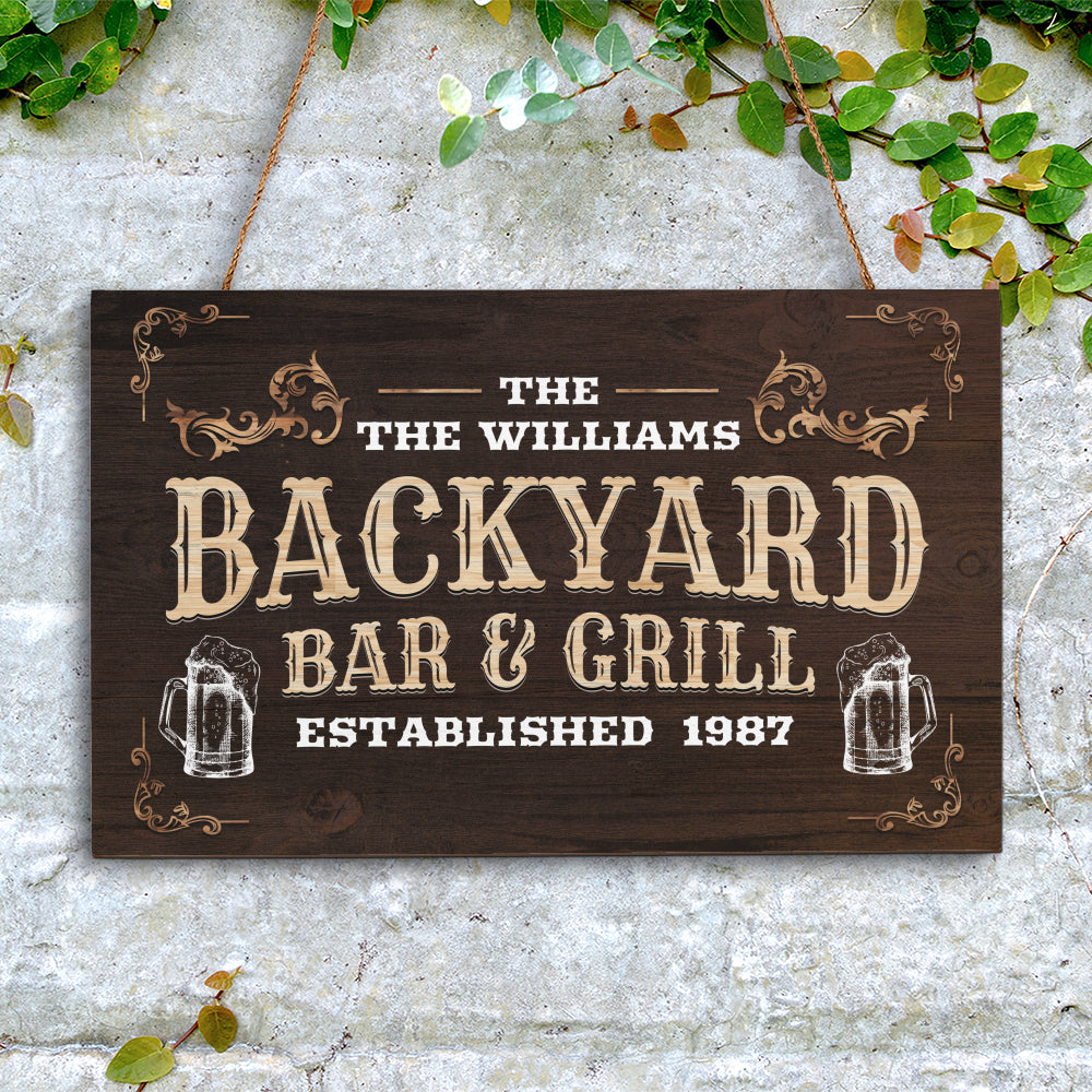 Backyard Bar and Grill Wooden Sign - Personalized Backyard Wooden Sign - Vintage Style Wooden Sign