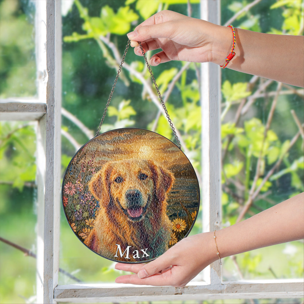Personalized Floral Golden Retriever Stained Glass Ornament