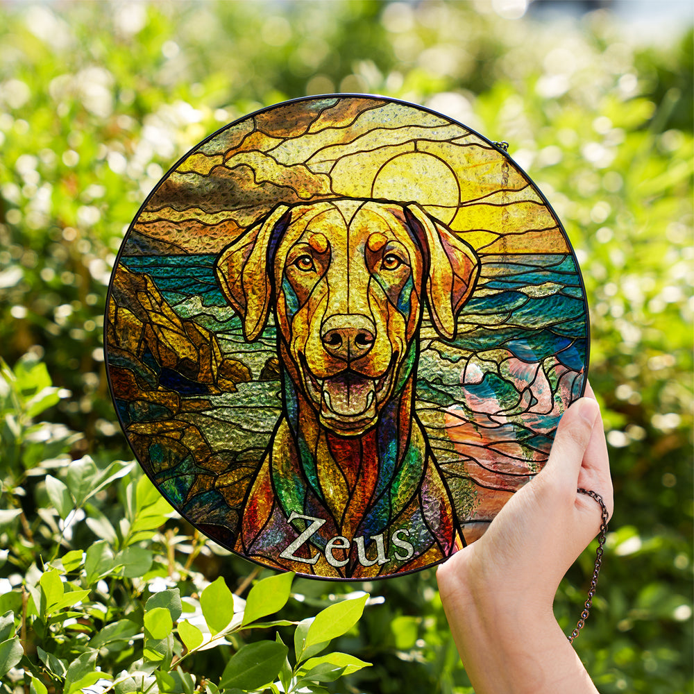 Personalized Dog At The Beach Stained Glass Ornament