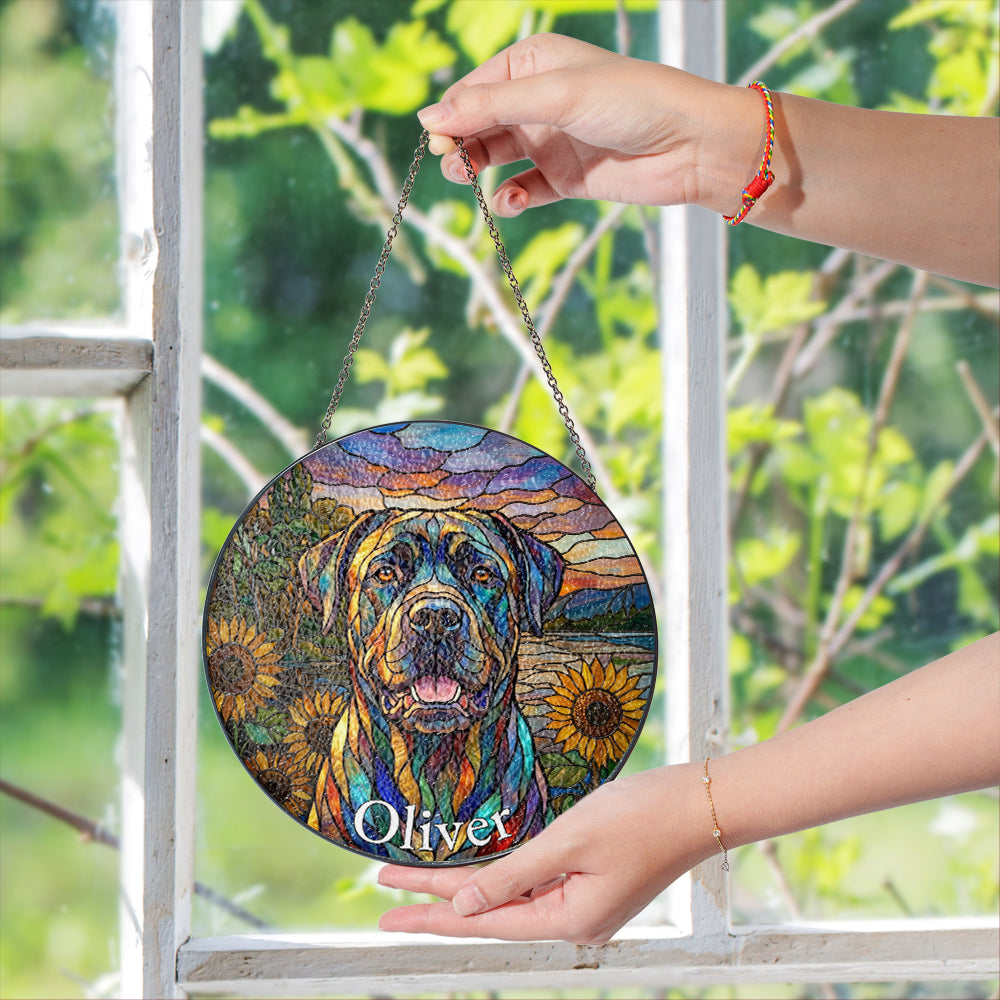 Personalized Dog & Sunflower Stained Glass Ornament