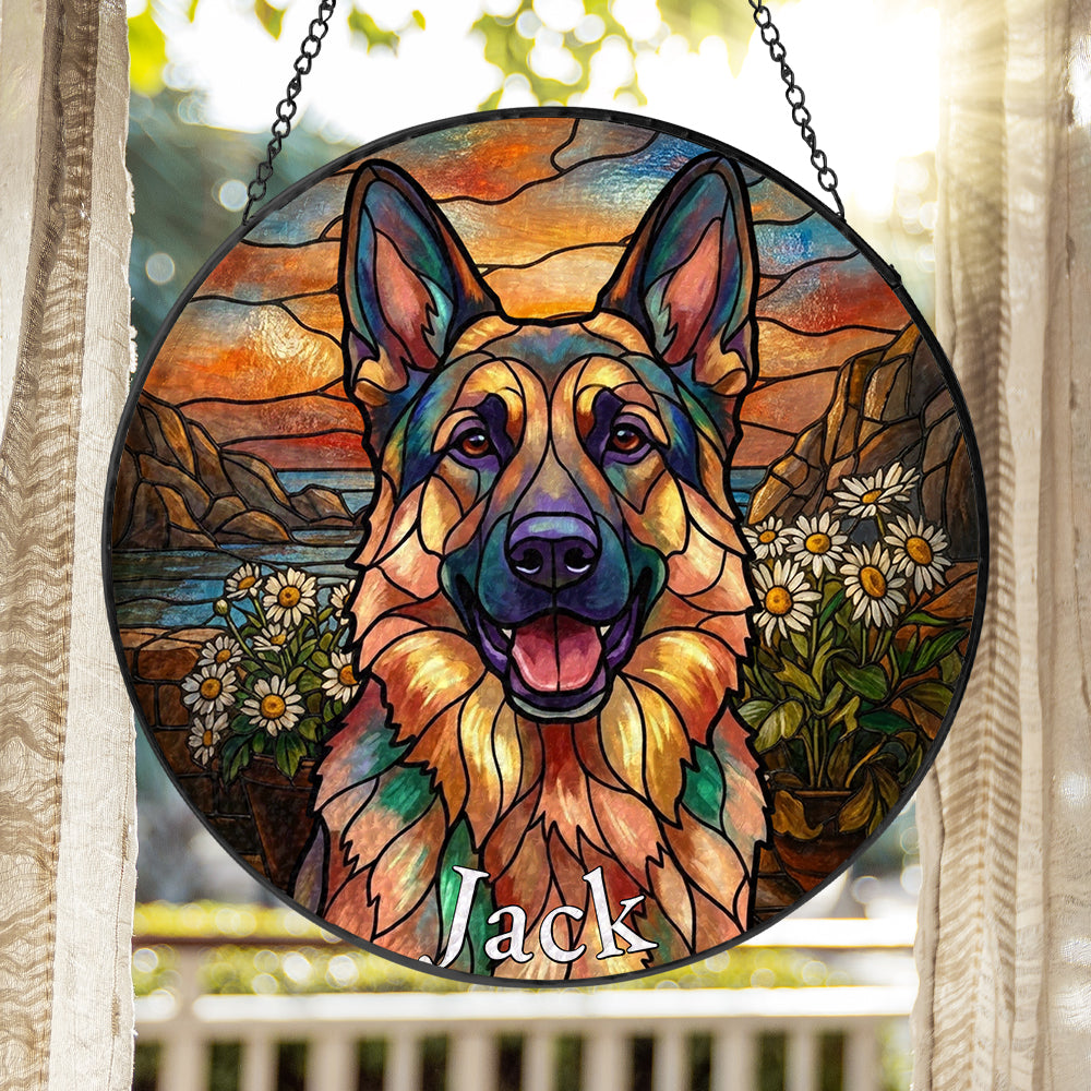 Personalized German Shepherd Daisy Stained Glass Ornament