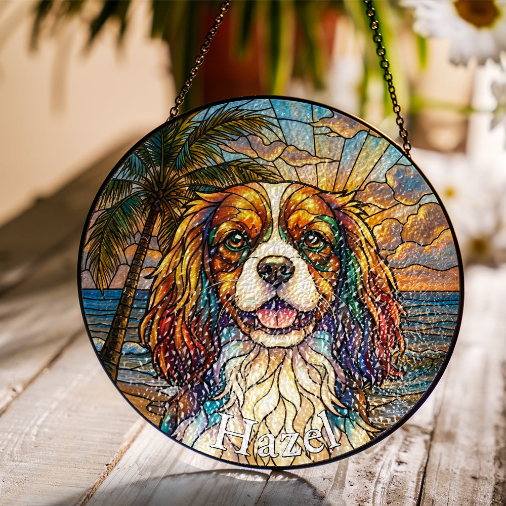 Personalized Cavalier Spaniel Beach Stained Glass Ornament