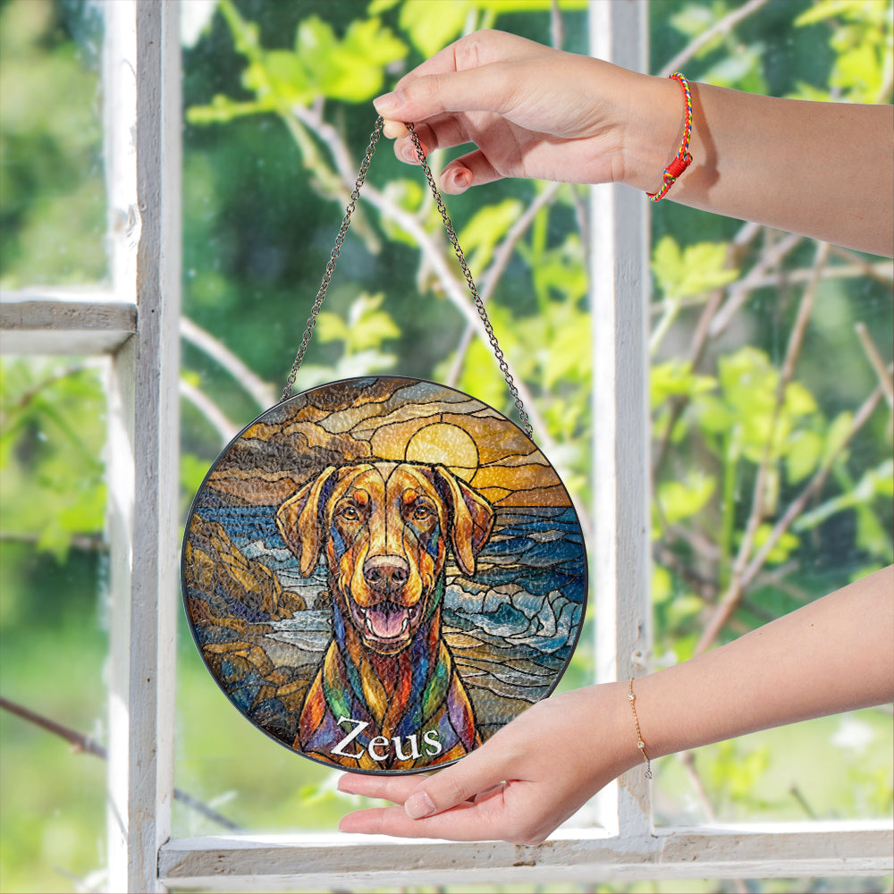 Personalized Dog At The Beach Stained Glass Ornament