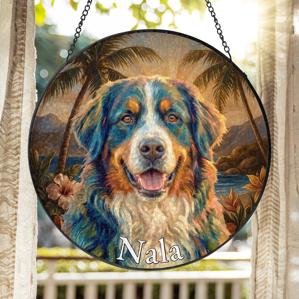Personalized Tropical Dog Portrait Stained Glass Ornament