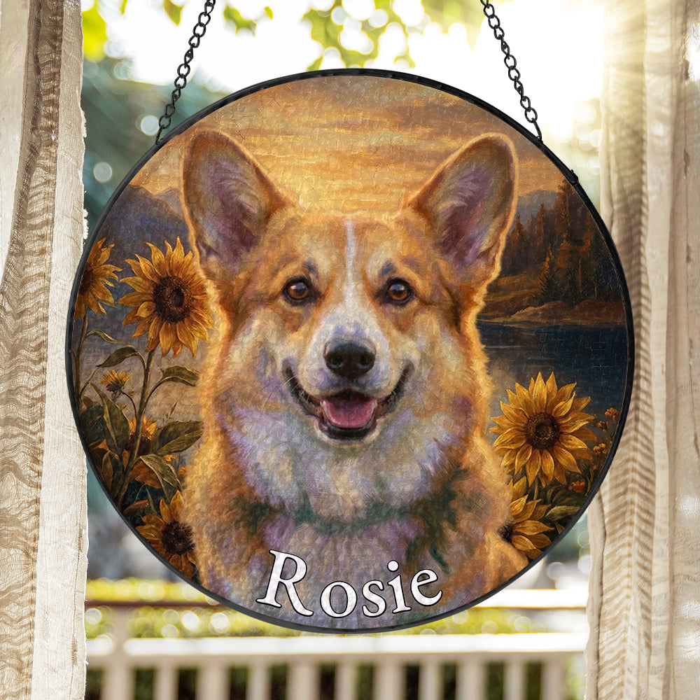 Personalized Corgi & Sunflowers Stained Glass Ornament