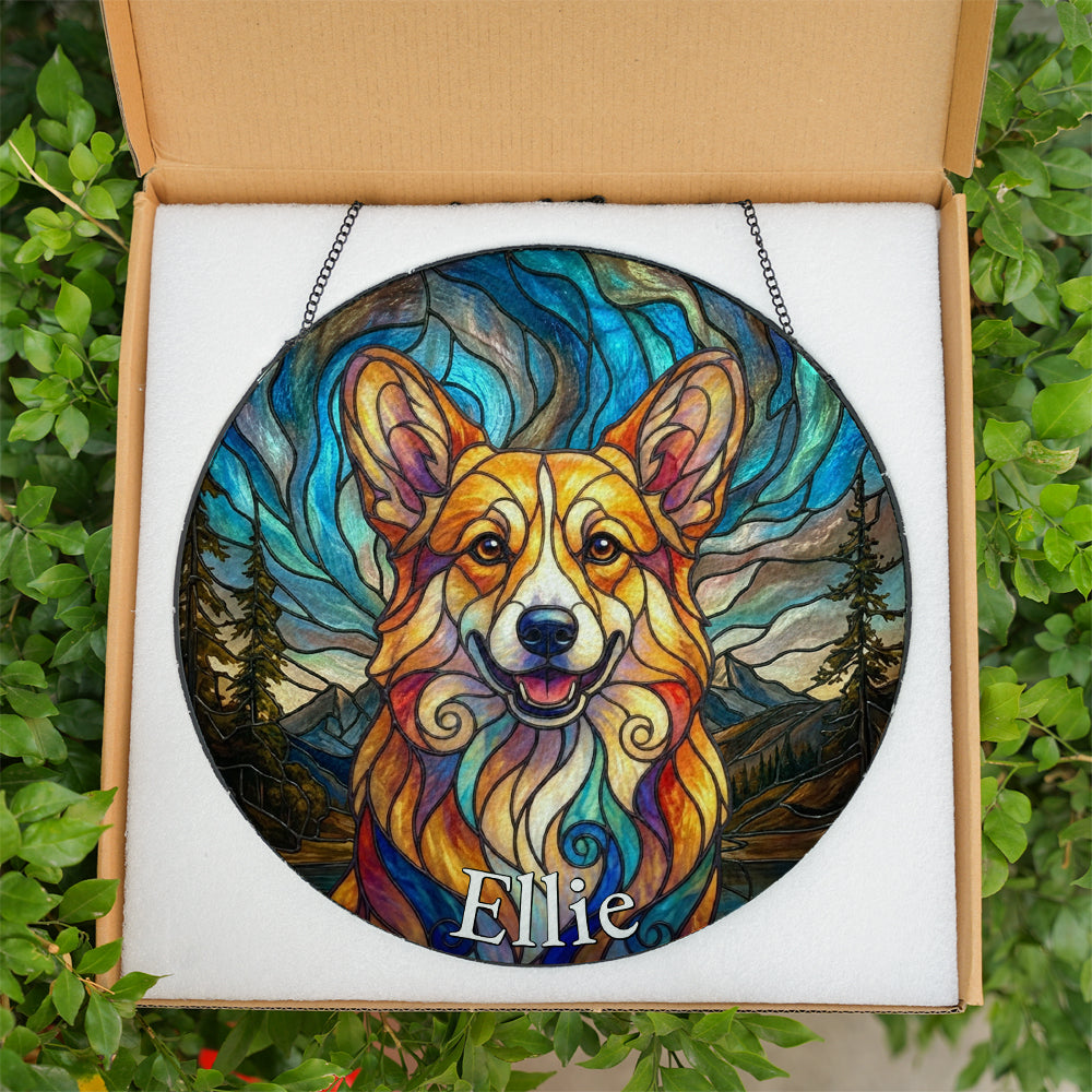 Personalized Corgi Mountainscape Stained Glass Ornament