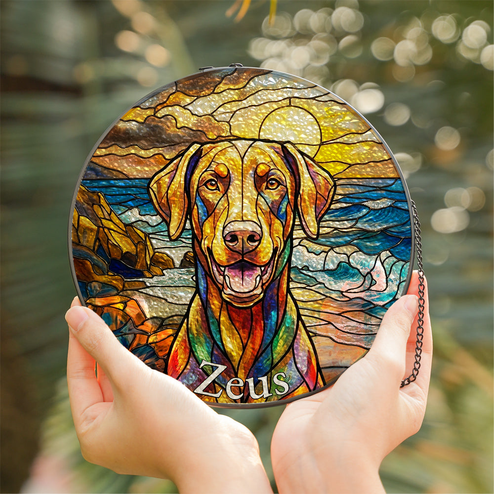 Personalized Dog At The Beach Stained Glass Ornament