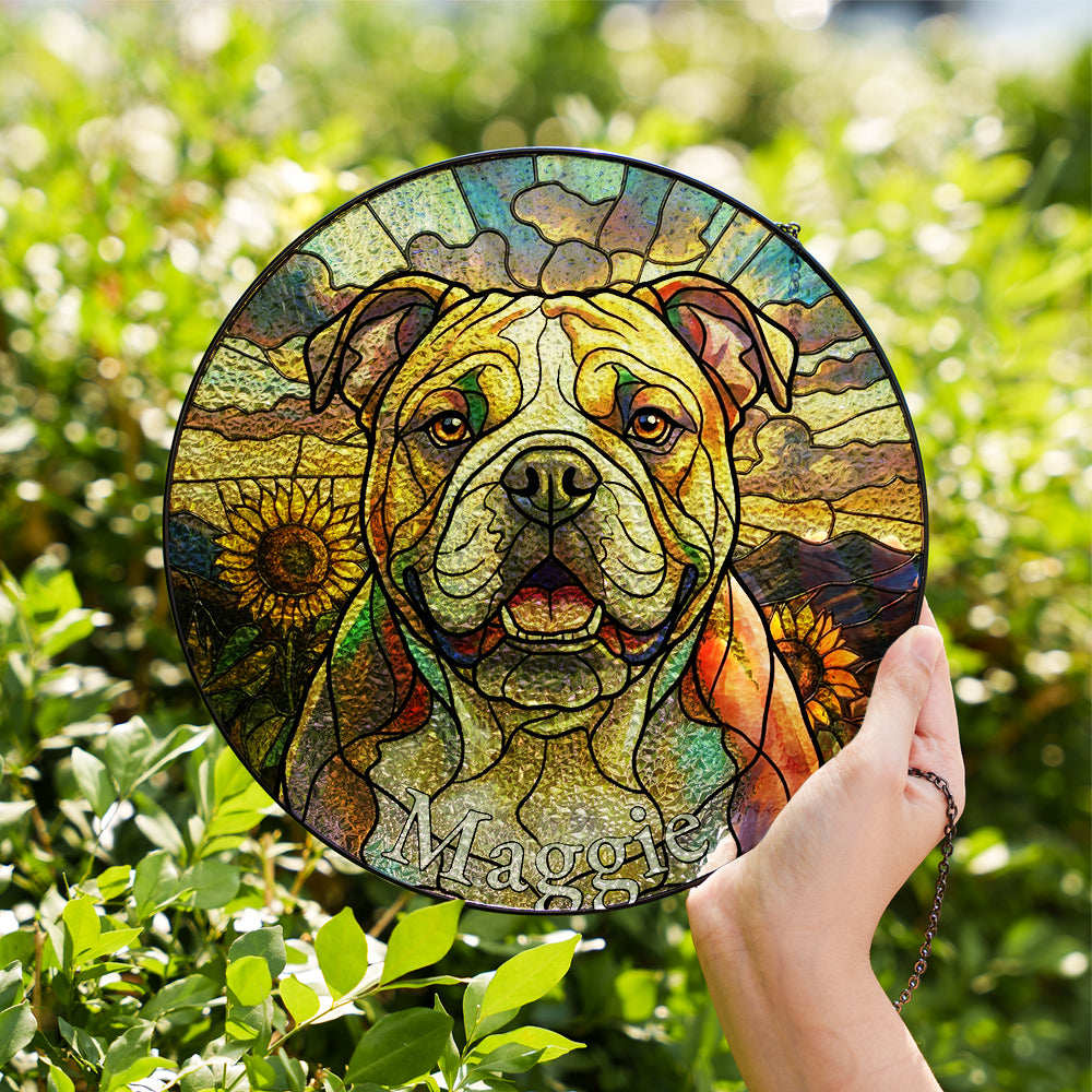 Personalized Bulldog And Sunflower Stained Glass Ornament