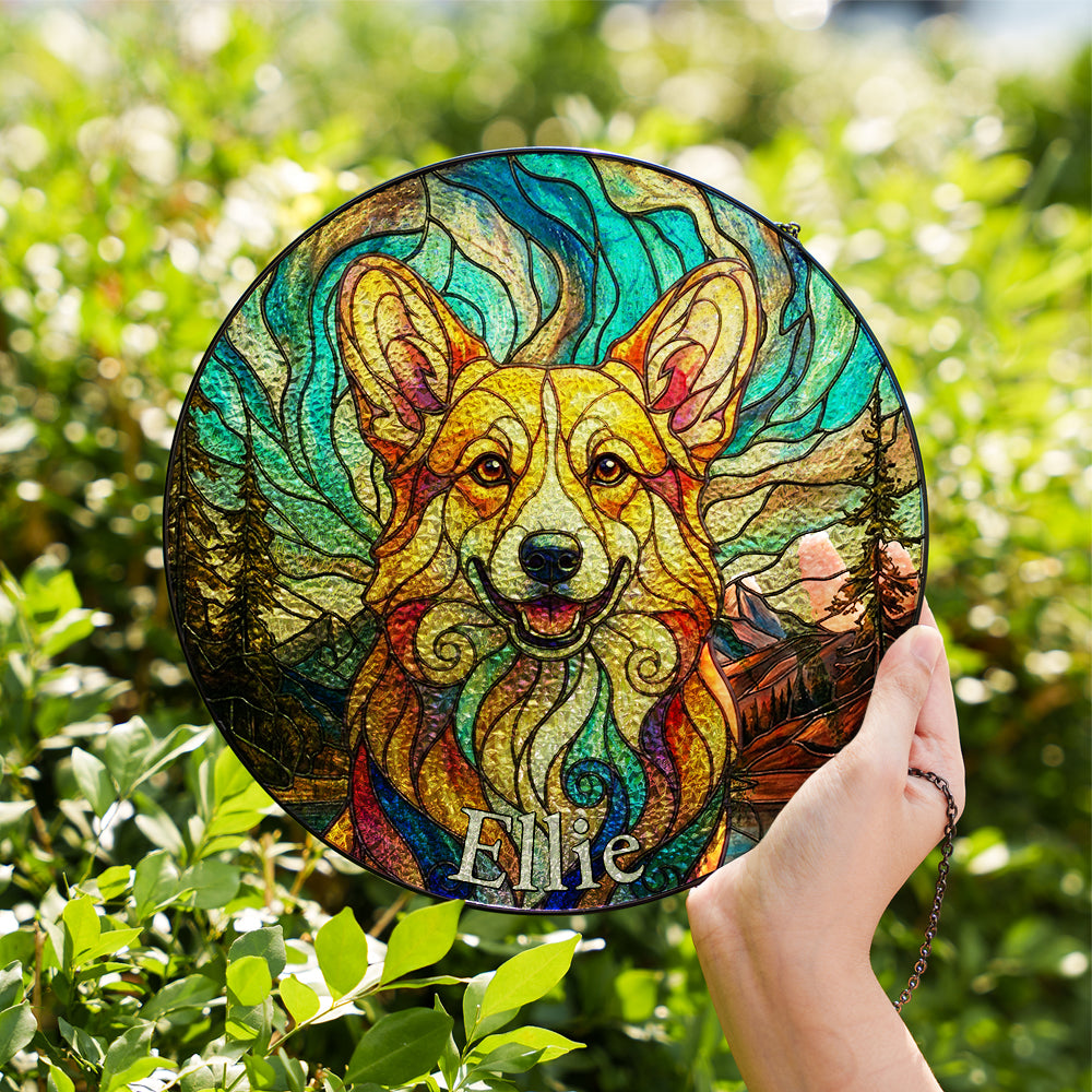 Personalized Corgi Mountainscape Stained Glass Ornament