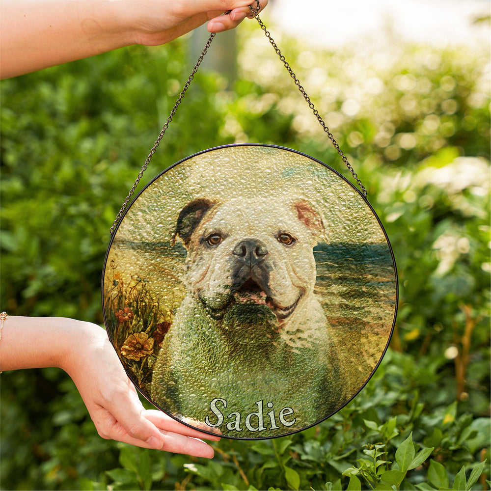 Personalized Bulldog At The Beach Stained Glass Ornament