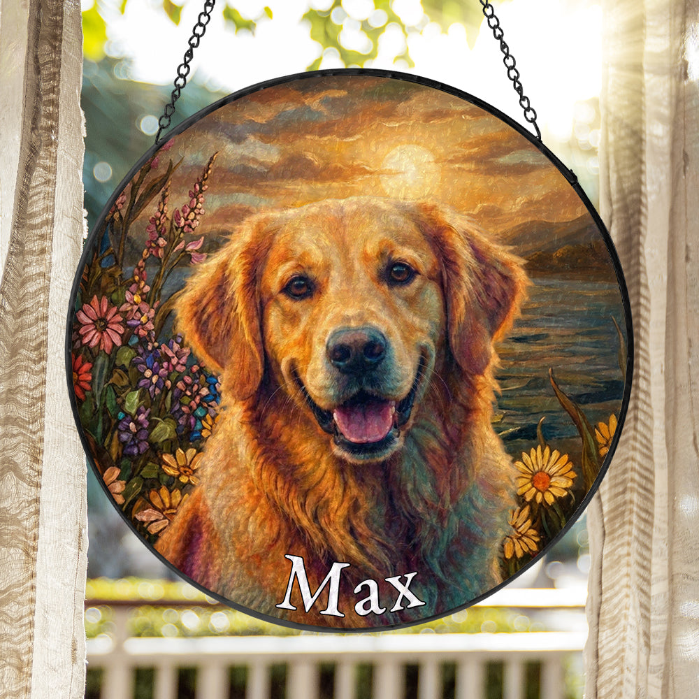 Personalized Floral Golden Retriever Stained Glass Ornament