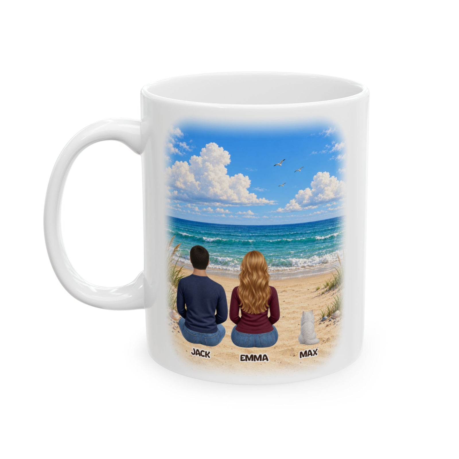 Personalized Coffee Mug with Pets and People – Ocean Beach