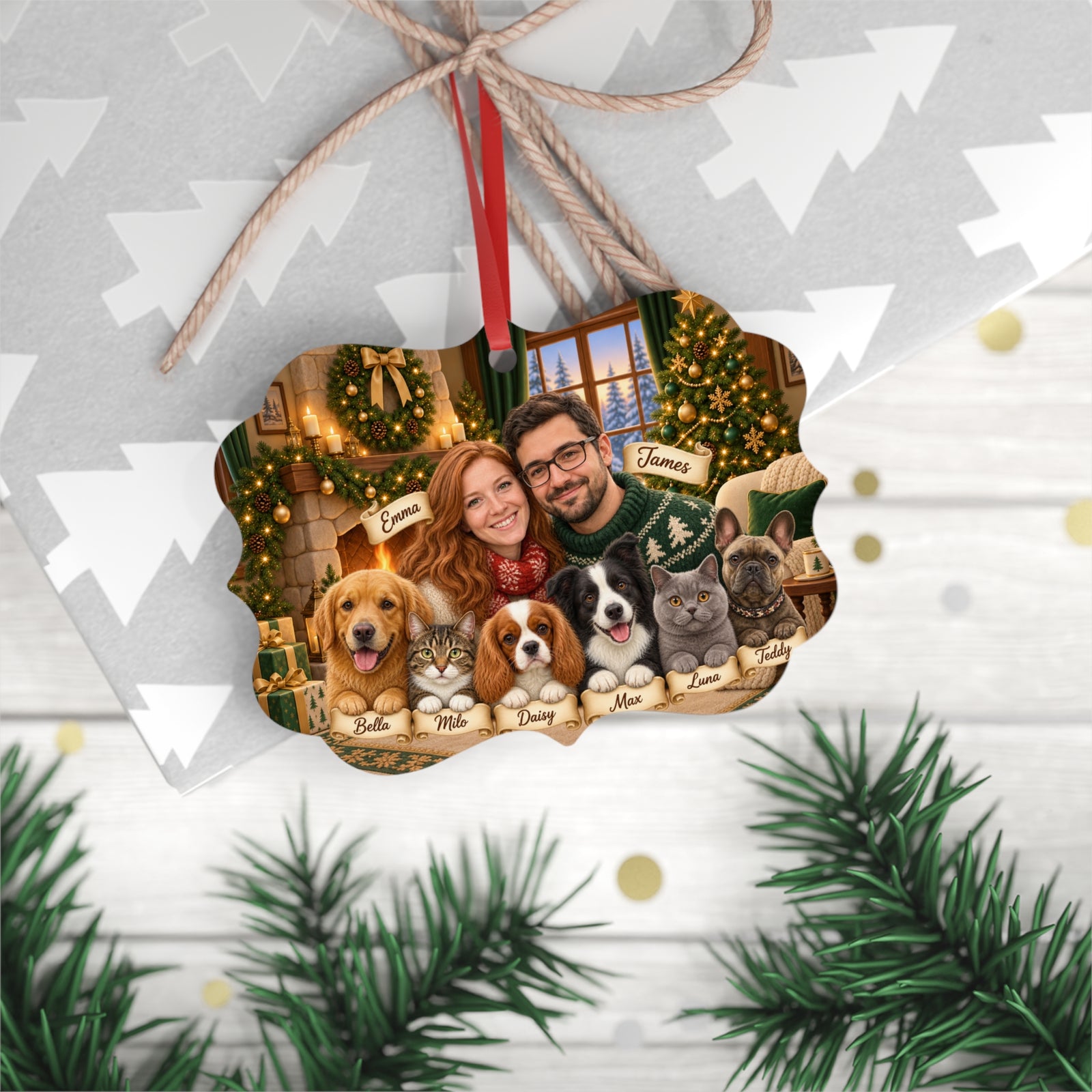 Christmas couple and pets ornament on Christmas wrapping paper