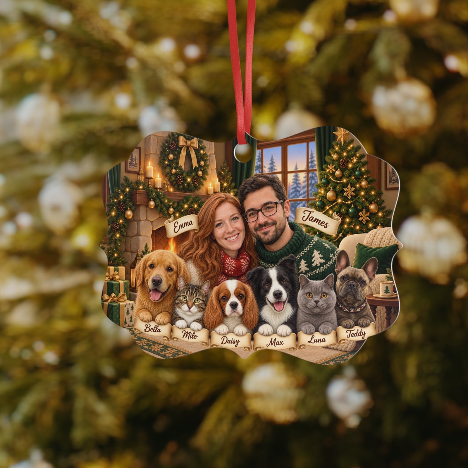 Christmas couple and pets ornament in front of a lit Christmas tree