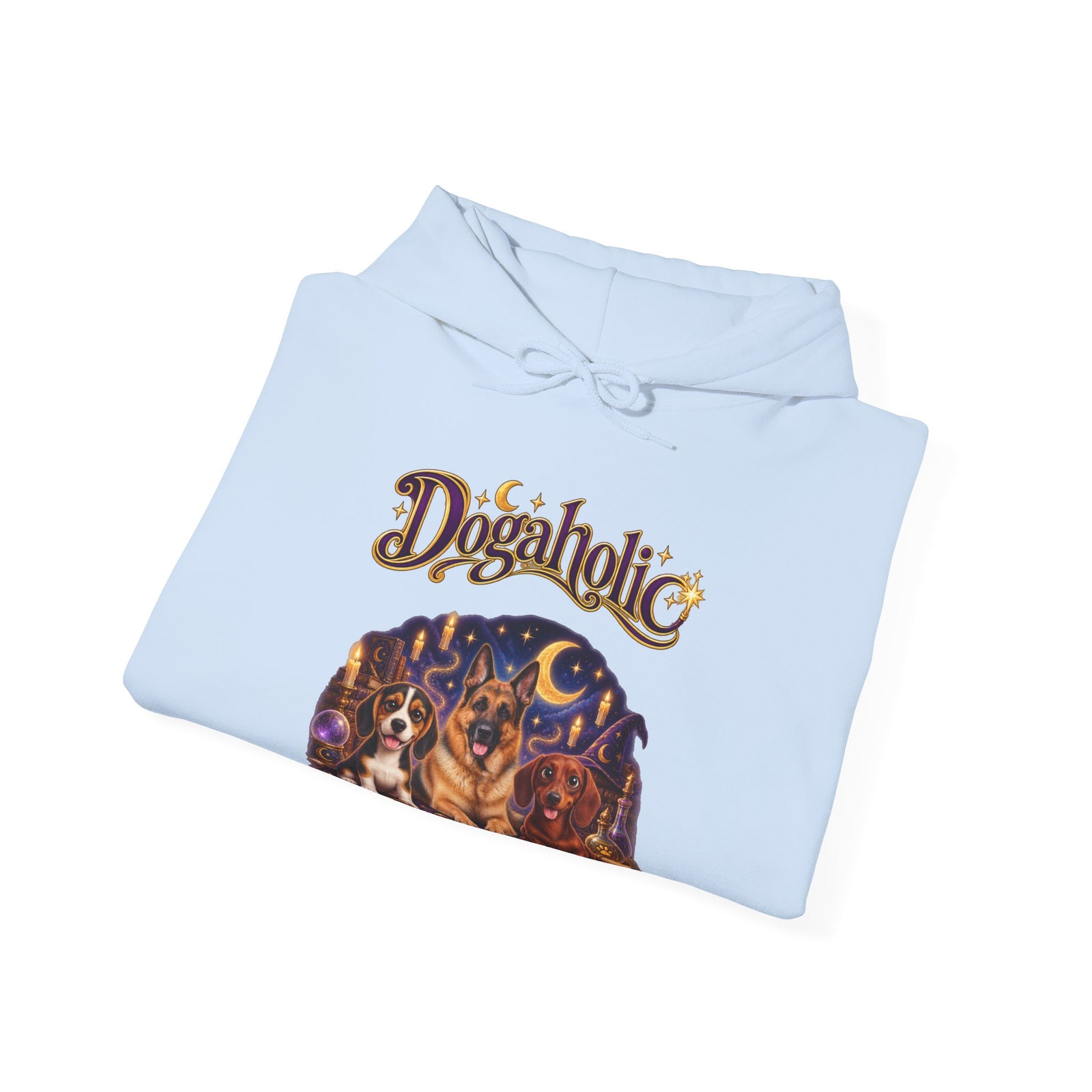 Personalized Graphic Tee – Dogaholic Wizard Dogs – Hoodie Light Blue