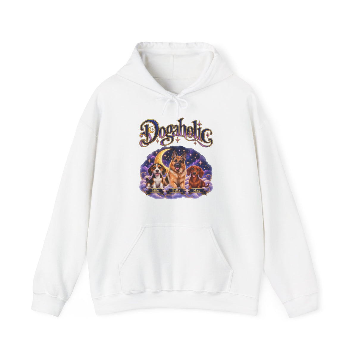 Personalized Graphic Tee – Dogaholic Celestial Dogs – Hoodie White
