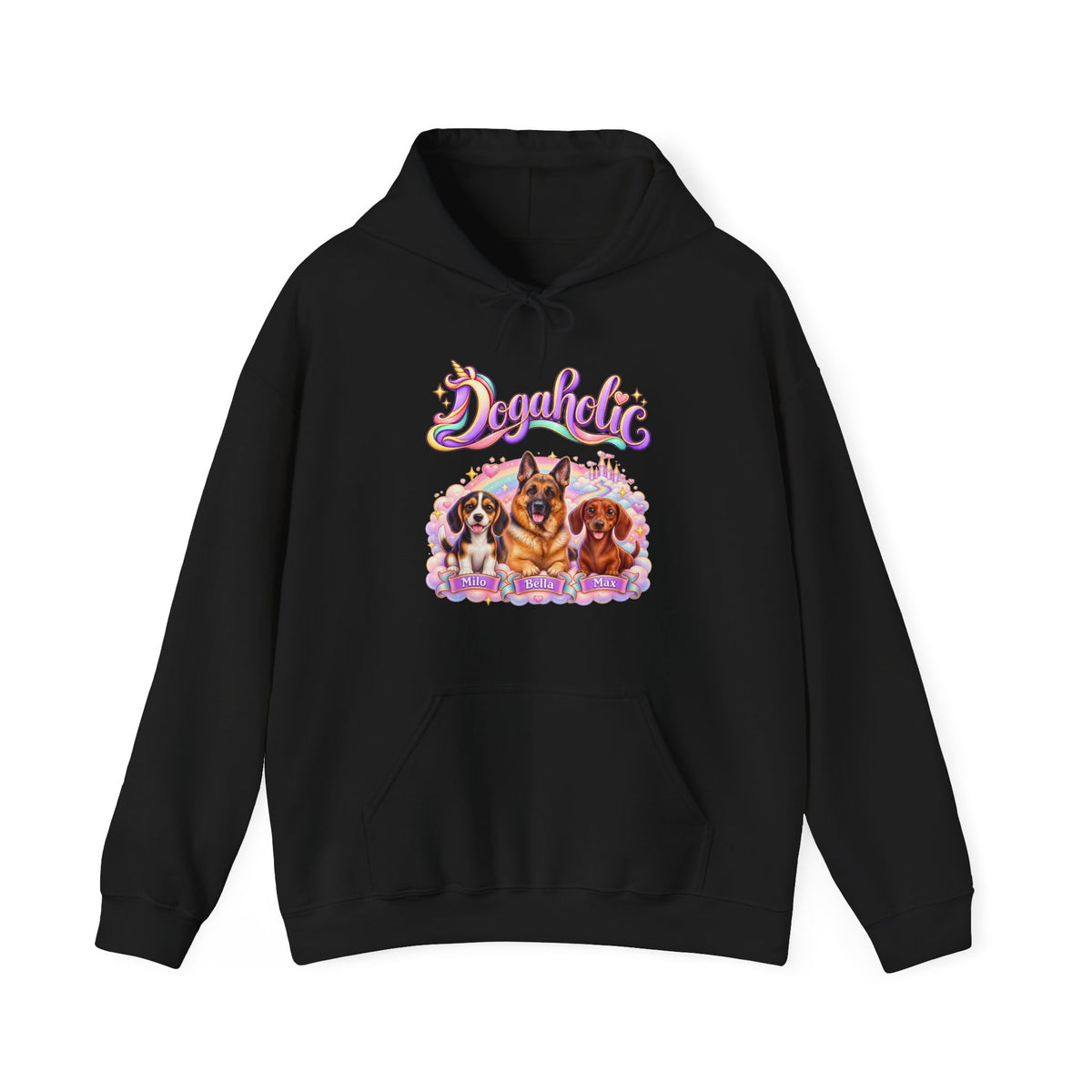 Personalized Graphic Tee – Dogaholic Unicorn Rainbow – Hoodie Black