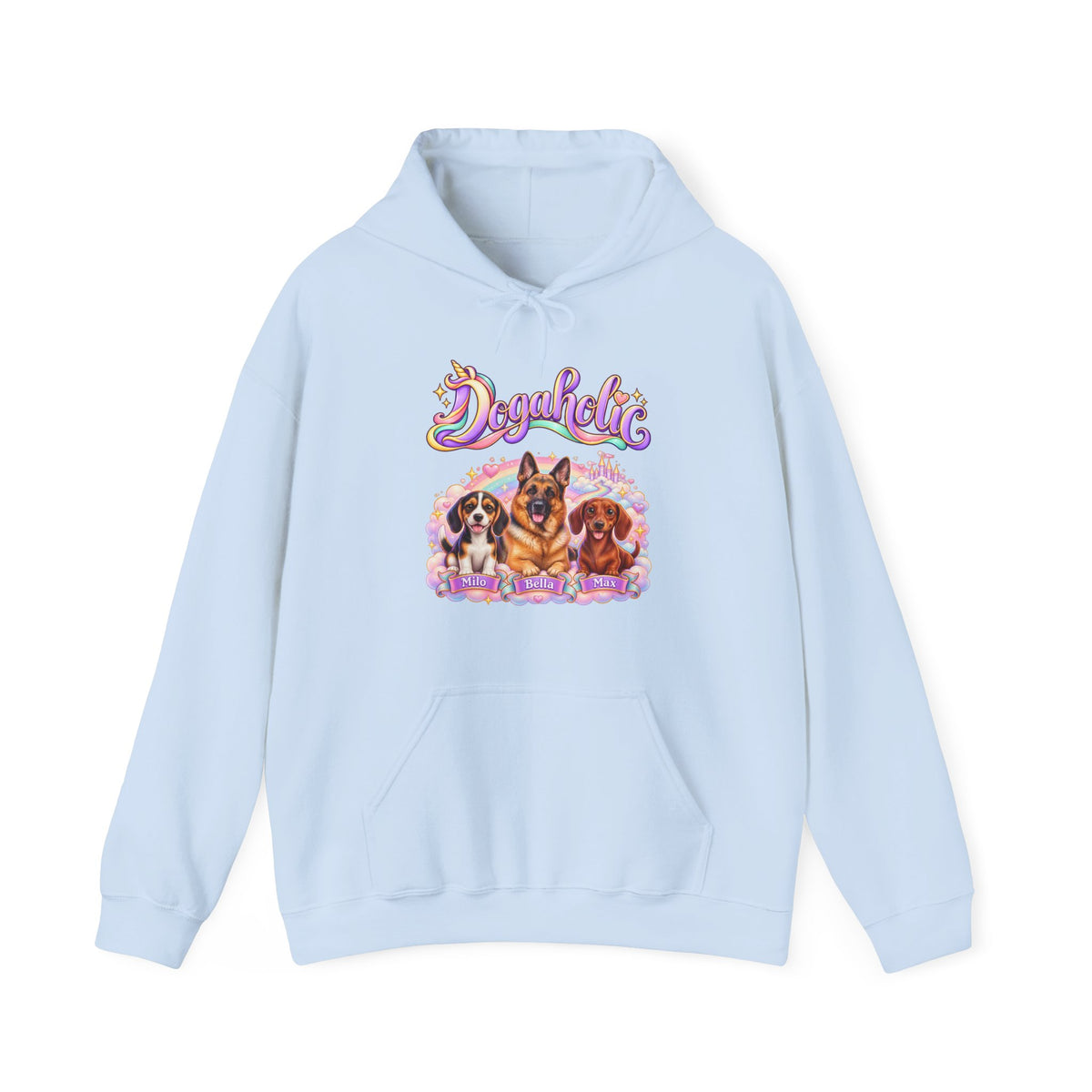 Personalized Graphic Tee – Dogaholic Unicorn Rainbow – Hoodie Light Blue