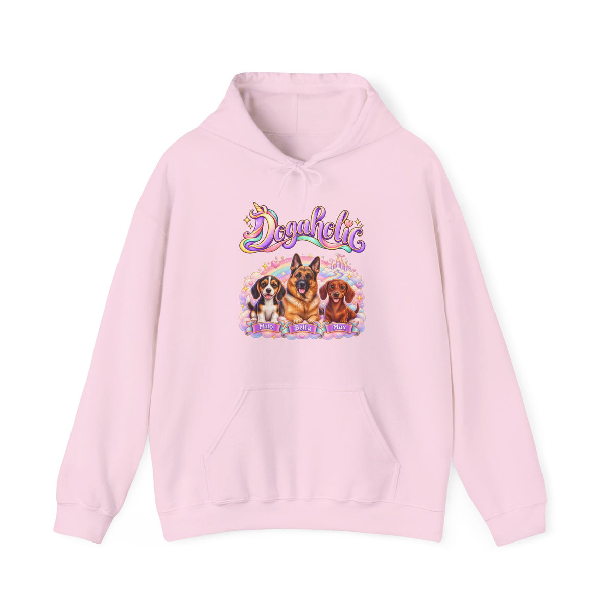 Personalized Graphic Tee – Dogaholic Unicorn Rainbow – Hoodie Light Pink