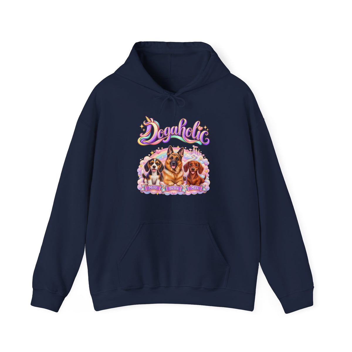 Personalized Graphic Tee – Dogaholic Unicorn Rainbow – Hoodie Navy