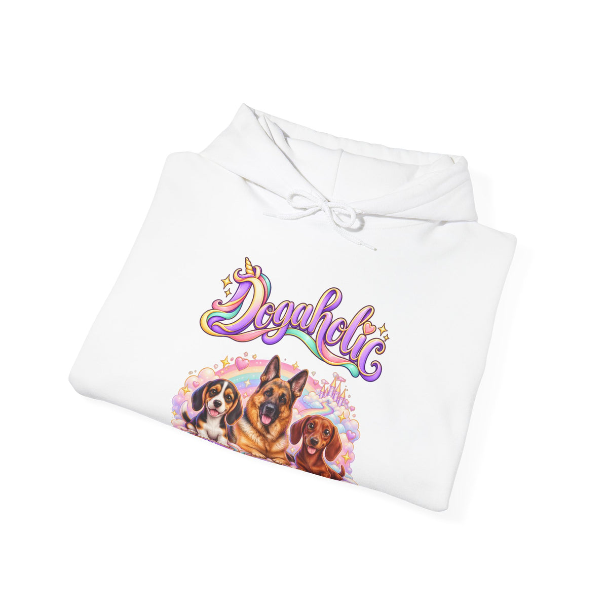 Personalized Graphic Tee – Dogaholic Unicorn Rainbow – Hoodie White