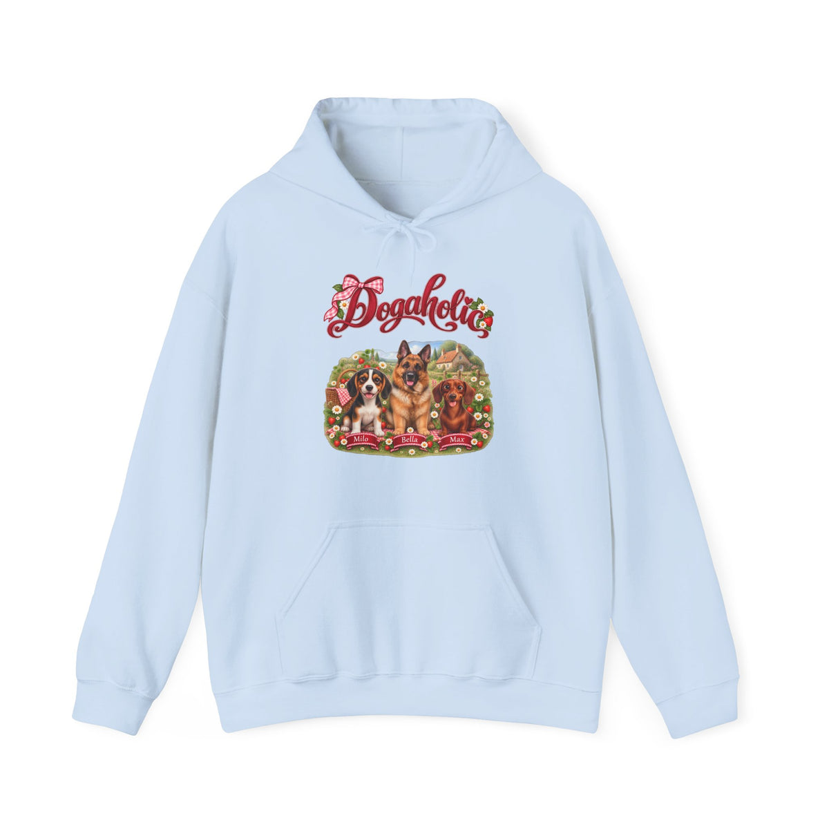 Personalized Graphic Tee – Dogaholic Strawberry Picnic – Hoodie Light Blue