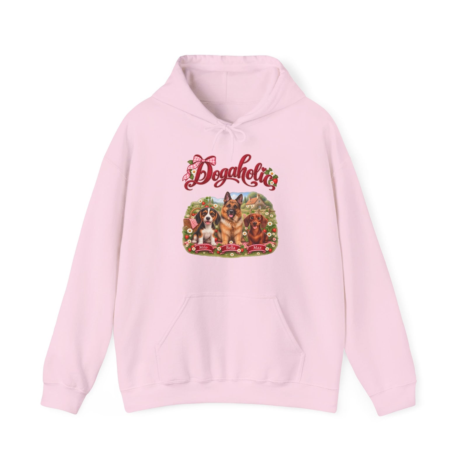 Personalized Graphic Tee – Dogaholic Strawberry Picnic – Hoodie Light Pink