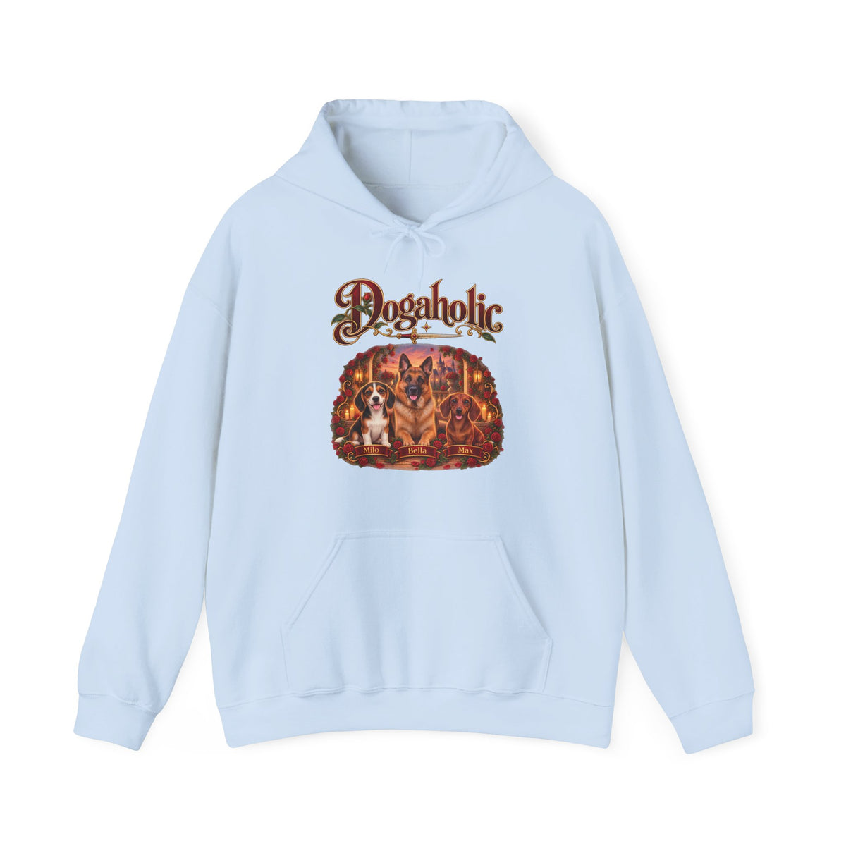 Personalized Graphic Tee – Dogaholic Rose Fantasy – Hoodie Light Blue