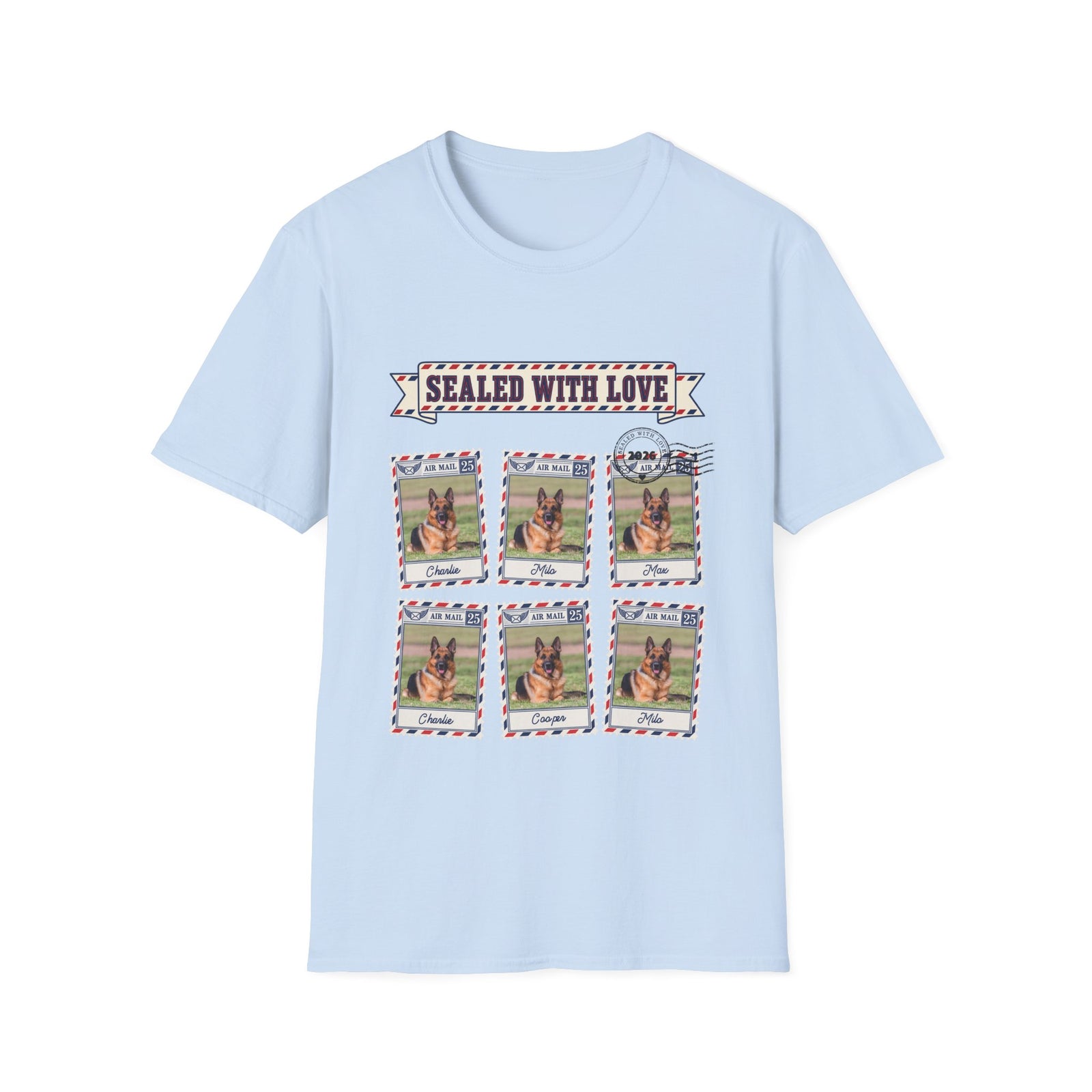Personalized Graphic Tee – Dog Air Mail Stamps